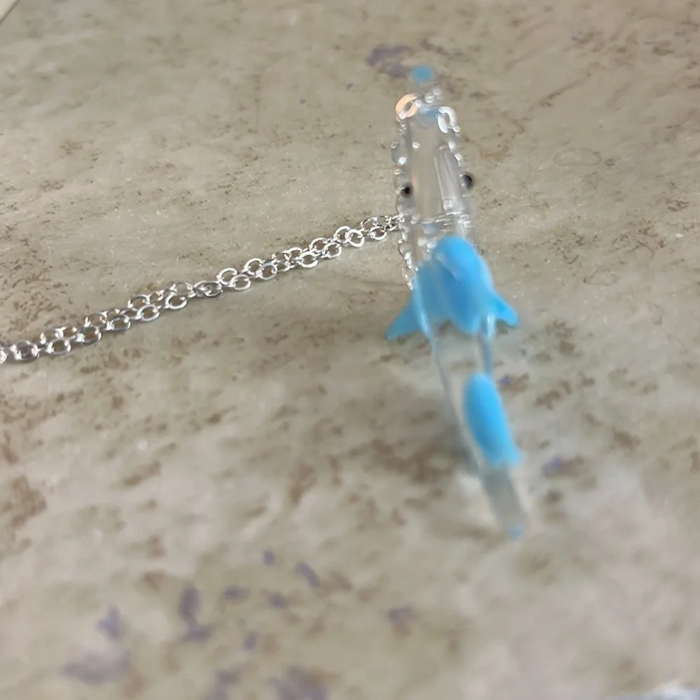 Hand Blown Glass Fish Necklace 26” Chain